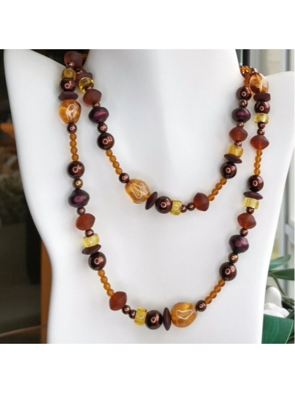 VINTAGE Czech pearl and bead jewelry necklace brown amber